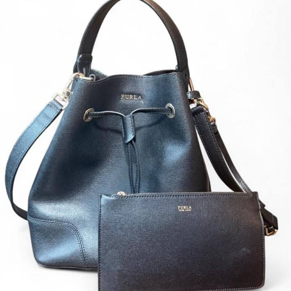 Furla Black Saffiano Leather Bucket Bag Pochette Crossbody Shoulder Bag